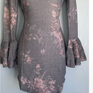 Chaser Gray and Pink Floral Long Sleeve Dress